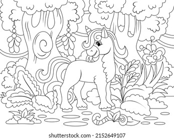 Unicornio alegre en el mágico bosque. Ilustración vectorial, libro de colorear para niños.