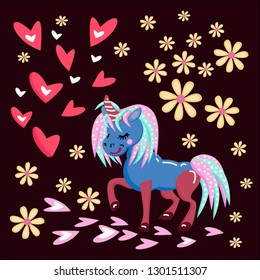 cheerful unicorn on a dark background with pink hearts and yellow flowers, vector illustration for use in design