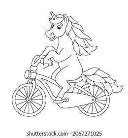 Cheerful unicorn rides a bicycle. Coloring book page for kids. Cartoon style character. Vector illustration isolated on white background.