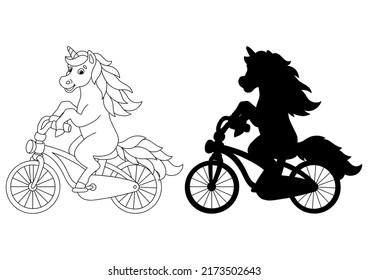 Cheerful unicorn rides a bicycle. Coloring book page for kids. Cartoon style character. Vector illustration isolated on white background.