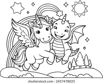 A cheerful unicorn with wings and a friendly dragon are depicted in a joyful embrace mid-flight beneath a rainbow. Surrounded by a whimsical setting that includes stars, the sun, and a simple forest, 