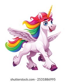 Unicornio alegre con alas y melena de arco iris corriendo alegremente. Ilustración de personaje de dibujos animados de Vector