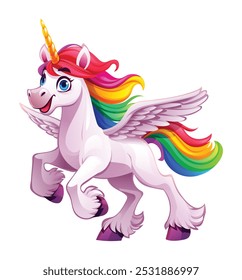 Unicornio alegre con alas y melena de arco iris. Ilustración de personaje de dibujos animados de Vector