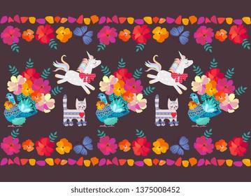 Cheerful unicorns, tabby cats, fantastic pigeons with tails in shape of bouquets of garden flowers and floral frame with blue butterflies and bright petals on dark purple background. Seamlees pattern.