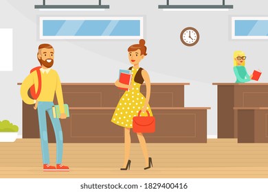 Cheerful University Students with Backpack and Books in College or University Auditorium Lecture Hall Flat Vector Illustration