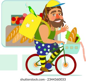 Cheerful and unusual food delivery man in colorful clothes delivers food on a bicycle. He is accompanied by a green parrot. Grocery window visible nearby