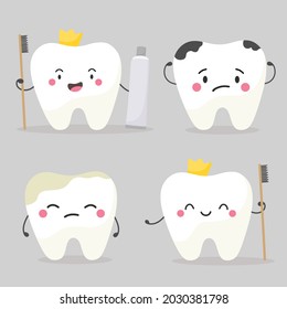 Cheerful and upset teeth, cute characters in cartoon style. Vector isolates.
