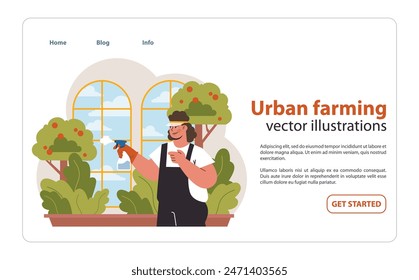 Cheerful urban farmer waters indoor plants. Large windows overlook cityscape, while fresh greenery thrives. Passion for indoor gardening. Flat vector illustration