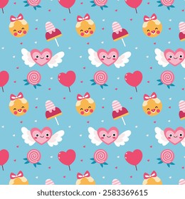 Cheerful Valentine Pattern with Smiling Faces, Hearts, and Sweet Treats