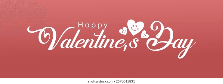 A cheerful Valentine's Day card design featuring the phrase "Happy Valentine's Day" in a graceful script font. The message is accompanied by three small hearts with smiling faces, Love is Smiling