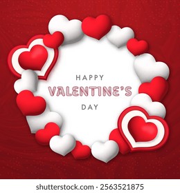 A cheerful Valentine's Day card featuring a circular frame of red and white 3D hearts on a red background. The text "Happy Valentine's Day" is displayed in a stylish font within the heart frame