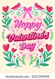 A cheerful Valentine's Day greeting card with vibrant pink text, hearts, flowers, birds, and ribbons, perfect for celebrating love and affection