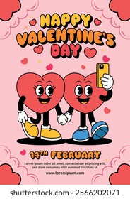 A cheerful Valentine's Day poster featuring two cartoon hearts, bright colors, playful text, and a pink heart-patterned background. Perfect for celebrations and spreading love and joy!