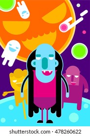 cheerful vampire at a party with a mutant and a bogey in the background pumpkin with ghosts meteorites and flat design