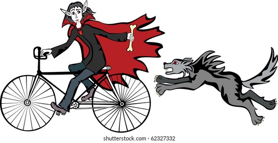 Cheerful vampire riding bicycle and teasing a werewolf with the bone. Each figure on it's own layer.