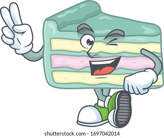 Cheerful vanilla slice cake mascot design with two fingers