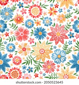 Cheerful variegated floral pattern with embroidered abstract flowers and leaves on a white background. Retro style. Seamless pattern for fabric.