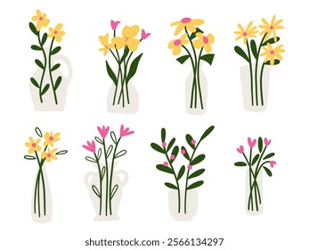 Cheerful Vase with Flowers and Berries. A collection of 8 cheerful floral and berry arrangements in white vases, featuring playful pinks and vibrant yellows, perfect for modern designs