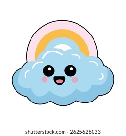 Cheerful vector art of a smiling blue cloud with a colorful rainbow. Perfect for children's designs, whimsical themes, and positive vibes illustration for your creative projects