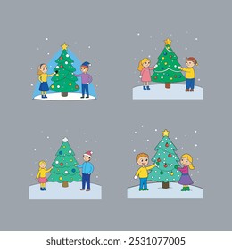 A cheerful vector artwork of a boy and young girl decorating a Christmas tree, capturing the festive spirit with holiday decorations and joyful expressions. Perfect for seasonal designs and greetings.