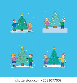 A cheerful vector artwork of a boy and young girl decorating a Christmas tree, capturing the festive spirit with holiday decorations and joyful expressions. Perfect for seasonal designs and greetings.
