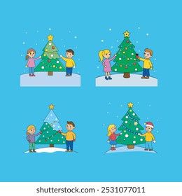 A cheerful vector artwork of a boy and young girl decorating a Christmas tree, capturing the festive spirit with holiday decorations and joyful expressions. Perfect for seasonal designs and greetings.
