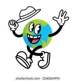 cheerful vector cartoon of the Earth with arms and legs, wearing a hat and waving. The character has a retro, rubberhose animation style