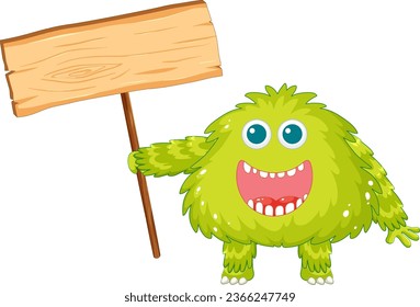 A cheerful vector cartoon illustration of a green alien monster holding an empty signboard banner