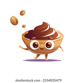 Cheerful vector character of a nut-shaped cookie with caramel filling. A fun and tasty design, perfect for use in menus, packaging, stickers, children's projects, or dessert-themed illustrations.