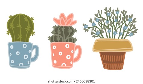 A cheerful vector collection of cacti and succulents in colorful pots, great for botanical and decor illustrations.