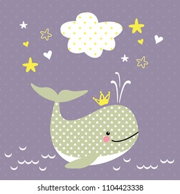 cheerful vector drawing whale with decorative elements and banner for design