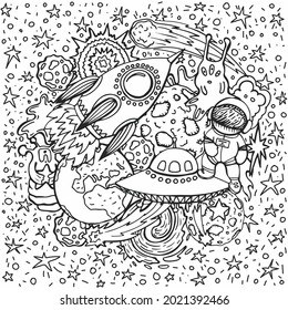 Cheerful vector hand drawn illustration about the adventures of an astronaut and aliens in space. Planets and spaceships with stars and galaxies in coloring book page