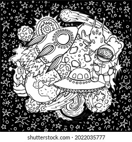Cheerful vector hand drawn illustration about the adventures of an astronaut and aliens in space. Planets and spaceships with stars and galaxies in coloring book page