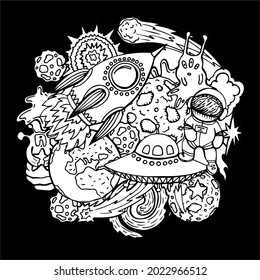 Cheerful vector hand drawn illustration about the adventures of an astronaut and aliens in space. Planets and spaceships with stars and galaxies in coloring book page