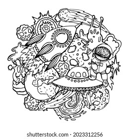Cheerful vector hand drawn illustration about the adventures of an astronaut and aliens in space. Planets and spaceships with stars and galaxies in coloring book page