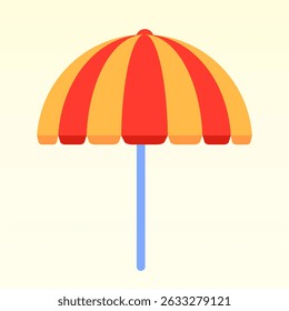 A cheerful vector icon of an open beach umbrella with bold red and yellow stripes, standing upright for a sunny day. Ideal for themes like summer, vacation, relaxation, and beach fun