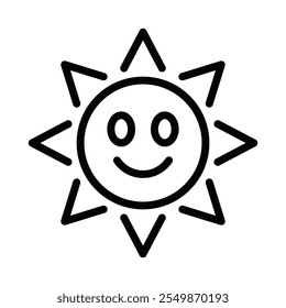 Cheerful vector icon of a smiling sun, symbolizing happiness, positivity, and sunny weather in a playful, minimalist style. Editable stroke