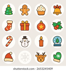 A cheerful vector illustration of 16 hand-drawn Christmas icons including a decorated tree, gingerbread cookie, holiday treats, gift box, ornaments, snowman, reindeer, and festive accessories. 