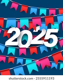 Cheerful vector illustration of 2025 featuring colorful bunting flags on a bold blue background, perfect for celebrations.