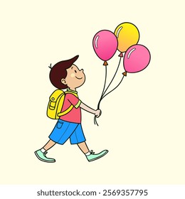 A cheerful vector illustration of a boy walking with a bunch of vibrant, colorful balloons floating above him, radiating joy and whimsy, perfect for celebratory or playful designs.