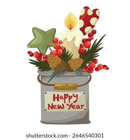 Cheerful vector illustration with candle, star, cones and  berries. Perfect for holiday wishes  and  decor