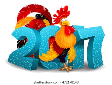 Cheerful vector illustration of cartoon Rooster and 2017 figures. New Year greeting. Rooster is a zodiac symbol of 2017 year by eastern calendar. Isolated on white background.