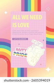 A cheerful vector illustration celebrating love during Pride Month, featuring vibrant colors and a heart graphic to signify unity and celebration.