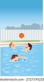 Una alegre Ilustración vectorial de niños jugando al baloncesto en una piscina del patio trasero. La escena captura el ocio y la diversión del verano, enfatizando la actividad al aire libre y destacando la importancia de la seguridad y supervisión de la piscina.