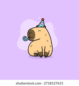 Una alegre Ilustración vectorial de un lindo capibara celebrando una fiesta, con un colorido sombrero de fiesta y soplando un cuerno de fiesta enrollado.