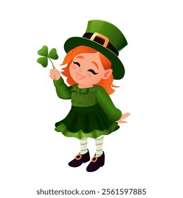 A cheerful vector illustration of a cute red-haired leprechaun girl dressed in traditional green attire, complete with a tall hat, striped stockings, and black shoes with gold buckles. She holds a