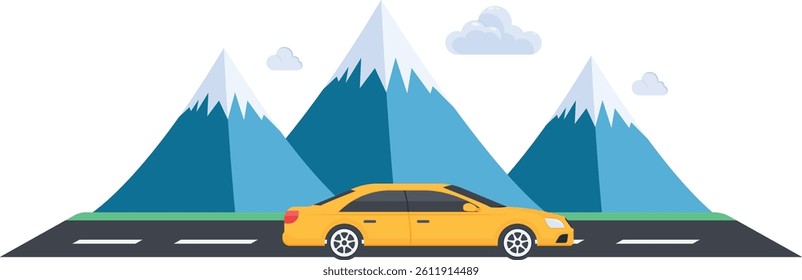 A cheerful vector illustration depicting a yellow Car driving on a scenic road towards a backdrop of majestic blue and white mountains, perfectly capturing the essence of a holiday road trip.