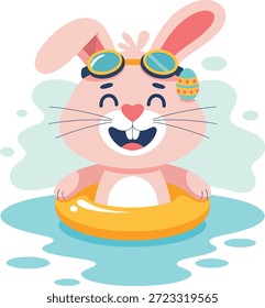 Ilustração vetorial alegre de um coelho da Páscoa nadando em uma piscina, usando óculos e flutuando em um anel inflável amarelo. Este personagem de coelho de desenho animado é perfeito para temas de férias de verão.