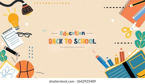 A cheerful vector illustration emphasizing the theme of education for back to school, filled with colorful motifs and items.