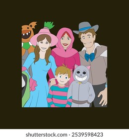 A cheerful vector illustration of a family celebrating Halloween, dressed in costumes and enjoying festive activities, ideal for seasonal designs and family-friendly projects.